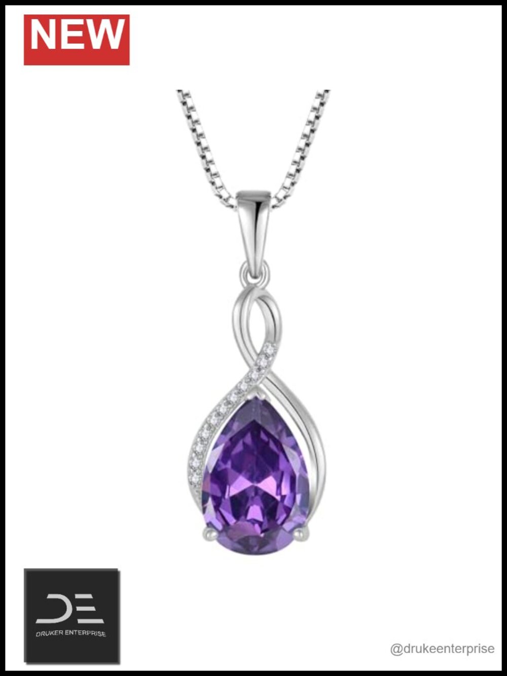 925 Sterling Silver Infinity Teardrop Pendant Necklace Amethyst CZ